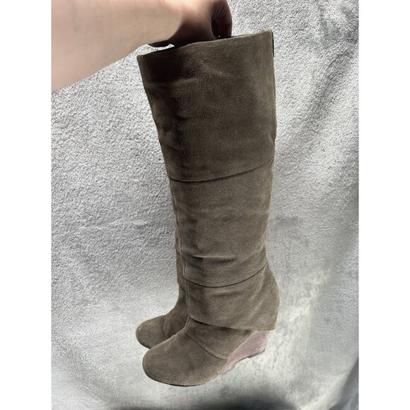 Vtg Y2K Women’s 8 Suede Boots Gray Wedge Knee High Heel Cuffed Pirate Cosplay - Picture 1 of 10